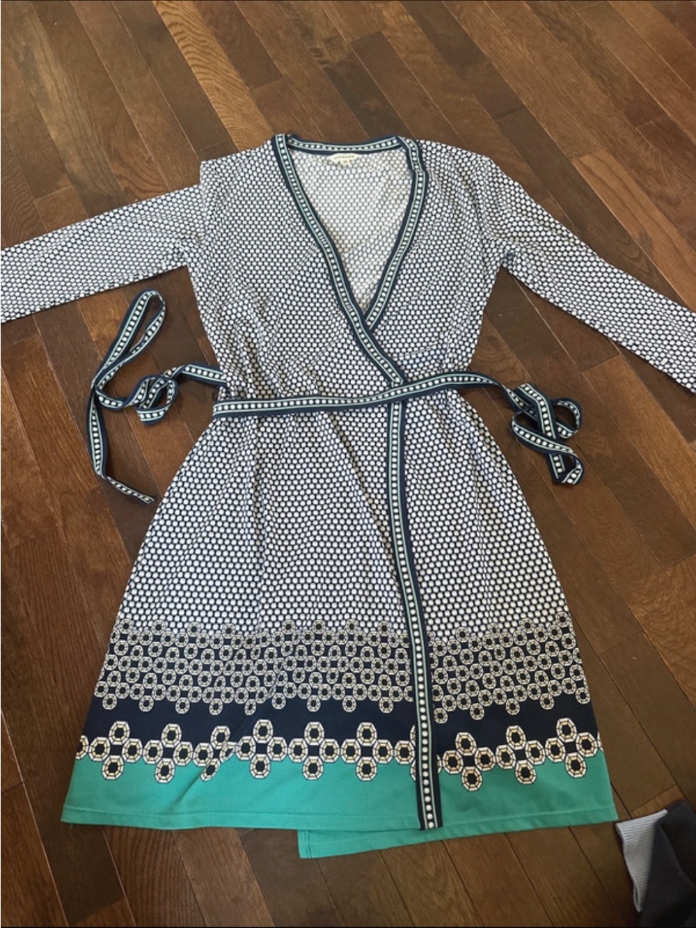 Max Studio Wrap Dress in Navy, White & Teal - Women's Printed V-Neck Dress